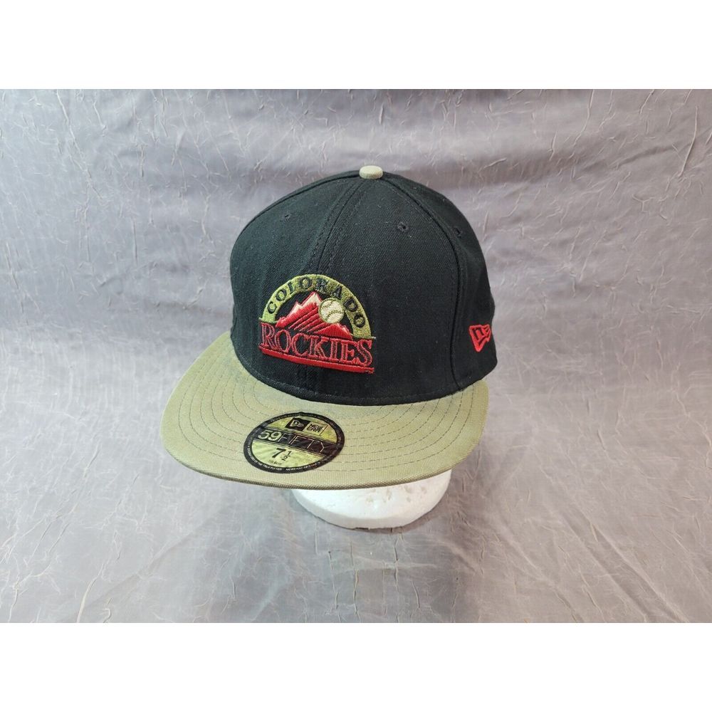 RARE Colorado Rockies Baseball Hat Black & Khaki Green New Era 59Fifty 7 1/2